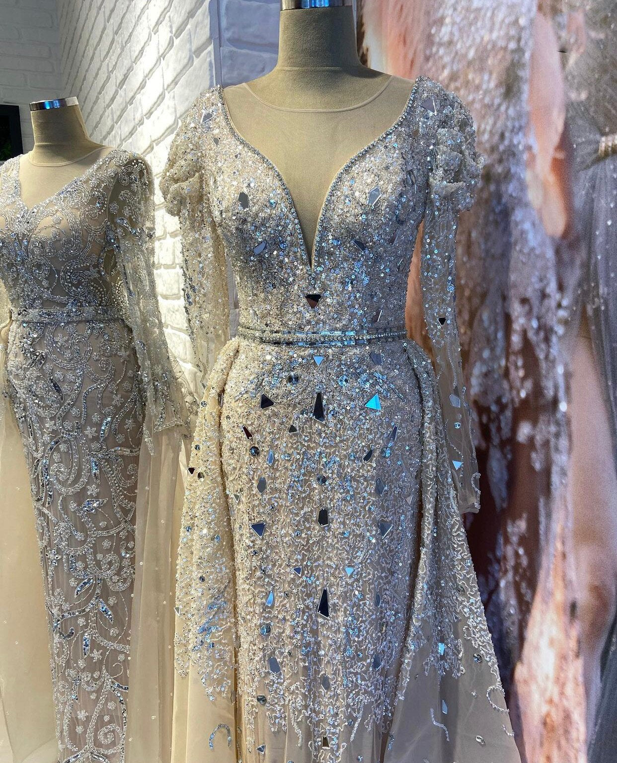 Muslimischen Luxus Nude Silber Abendkleider Kleider 2025 Überrock Perlen Meerjungfrau Elegante Für Frau Party LA71351 
