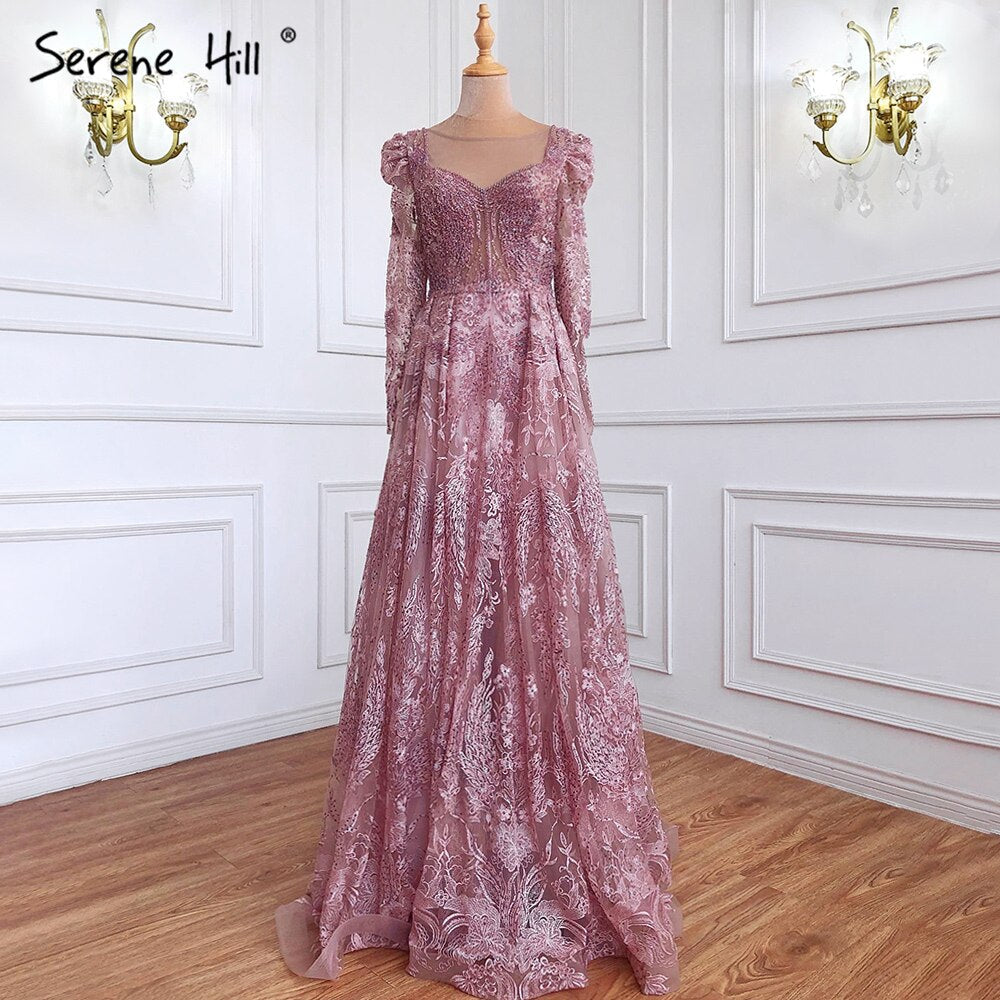 Vestidos de noche musulmanes de lujo en color rosa, corte A, con encaje y cuentas, para mujer, vestido de fiesta LA71312 