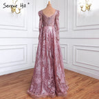 Vestidos de noche musulmanes de lujo en color rosa, corte A, con encaje y cuentas, para mujer, vestido de fiesta LA71312 