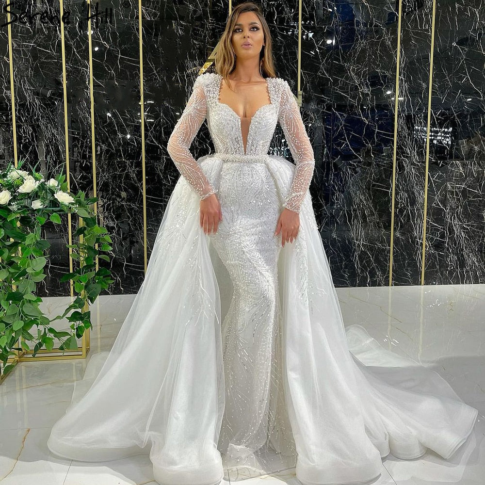 Muslim Luxury White Detachable Skirt Evening Dresses Gowns 2025 Beading Mermaid Elegant For Women Party LA71118