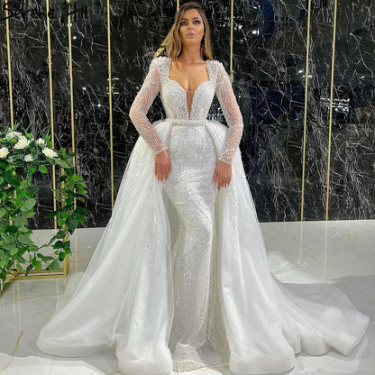 Muslim Luxury White Detachable Skirt Evening Dresses Gowns 2025 Beading Mermaid Elegant For Women Party LA71118