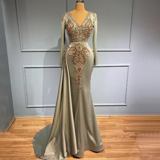 Muslim Mermaid Brown Overskirt Evening Dresses Gowns 2025 Luxury Elegant Beaded Satin For Women Party LA71529