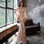 Vestidos de noche musulmanes de sirena dorados, brillantes, de lujo, elegantes, para mujer, para fiesta, LA70953 