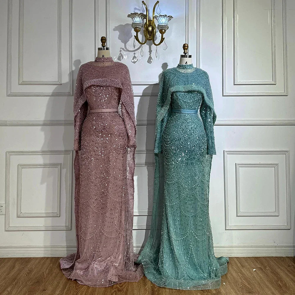 Muslim Mermaid Long Cape Evening Dresses Pearls Beaded Gowns For Formal Occasion 2025 LA72032MP