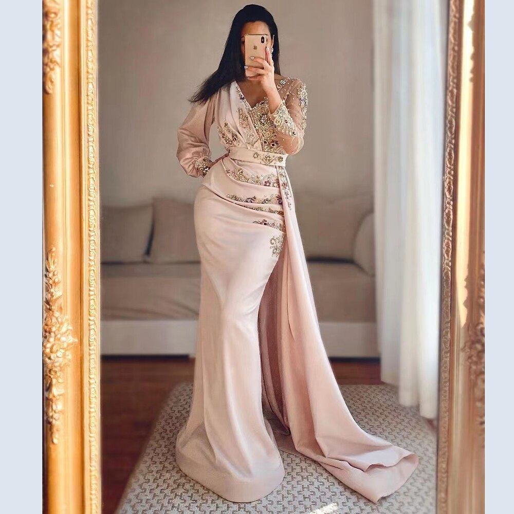 Vestido de noche musulmán de sirena color melocotón, elegante, con cuentas, escote en V y falda, para mujer, fiesta, LA71344 