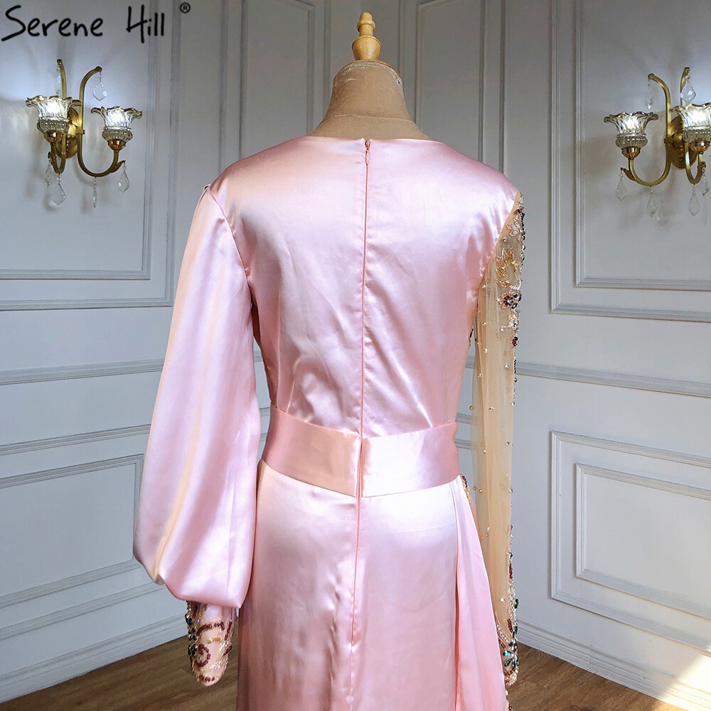 Vestido de noche musulmán de sirena color melocotón, elegante, con cuentas, escote en V y falda, para mujer, fiesta, LA71344 