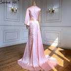 Vestido de noche musulmán de sirena color melocotón, elegante, con cuentas, escote en V y falda, para mujer, fiesta, LA71344 