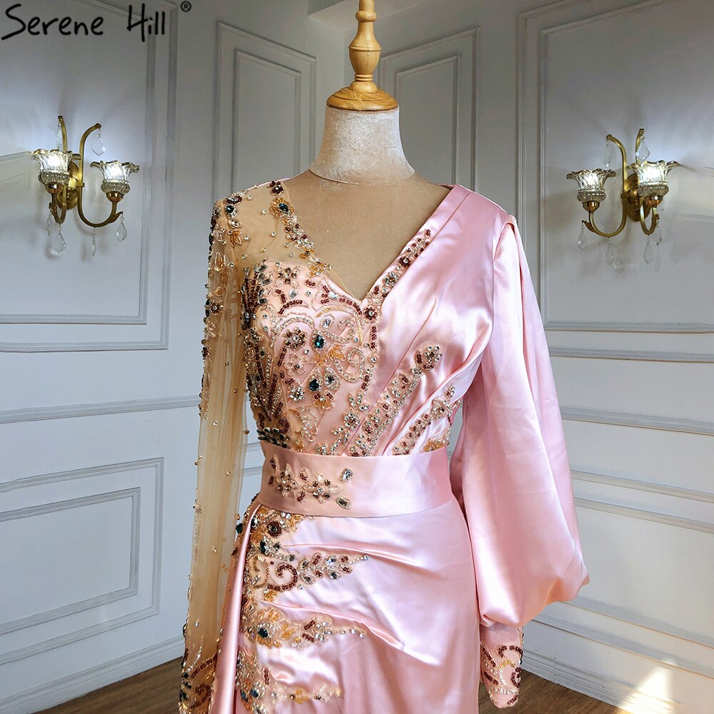 Vestido de noche musulmán de sirena color melocotón, elegante, con cuentas, escote en V y falda, para mujer, fiesta, LA71344 