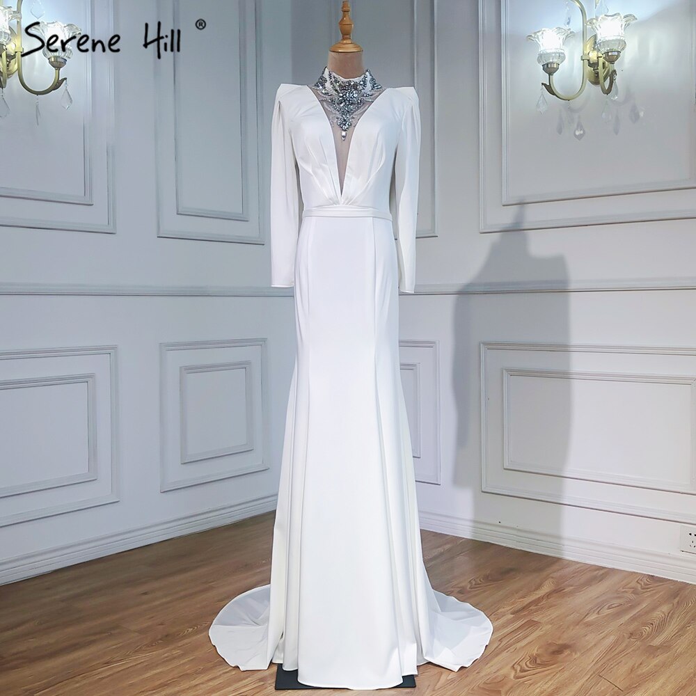 Vestidos de noche musulmanes de satén con corte sirena, elegantes vestidos blancos con cuentas para mujer, vestidos de fiesta LA6430 