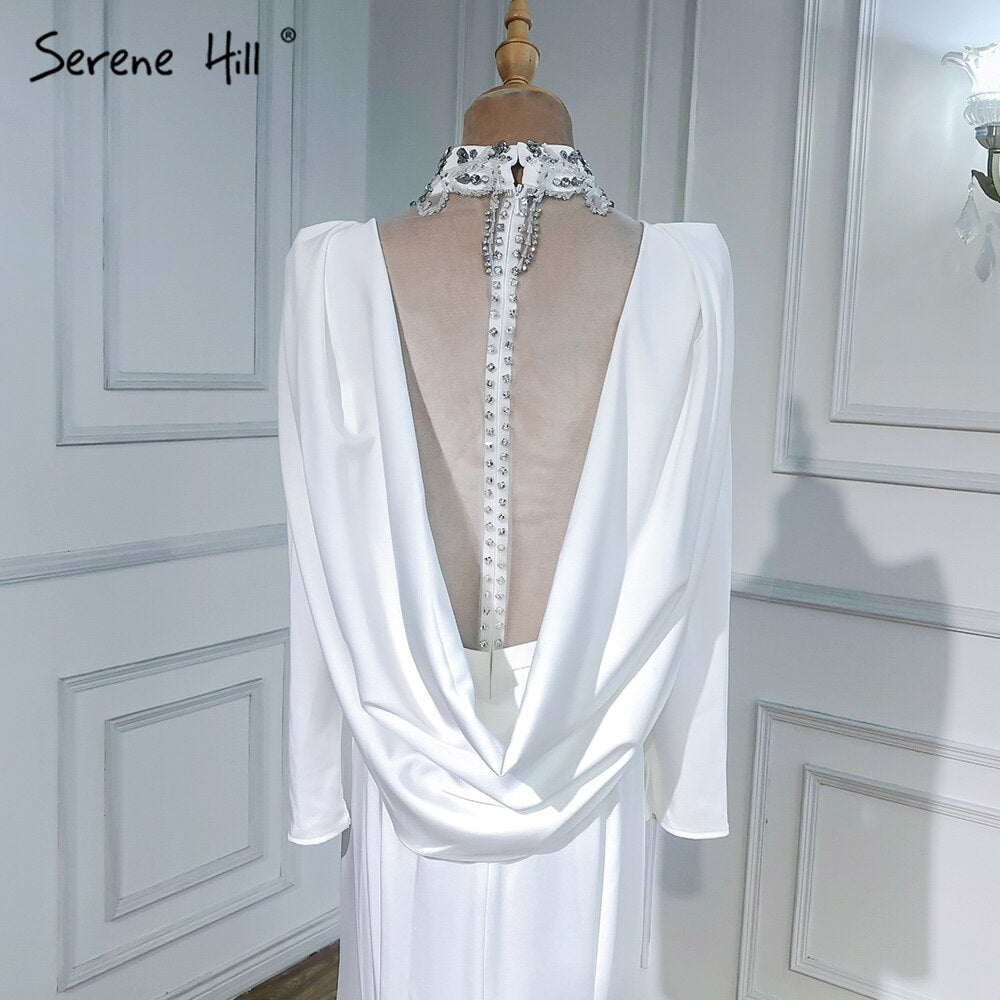 Vestidos de noche musulmanes de satén con corte sirena, elegantes vestidos blancos con cuentas para mujer, vestidos de fiesta LA6430 