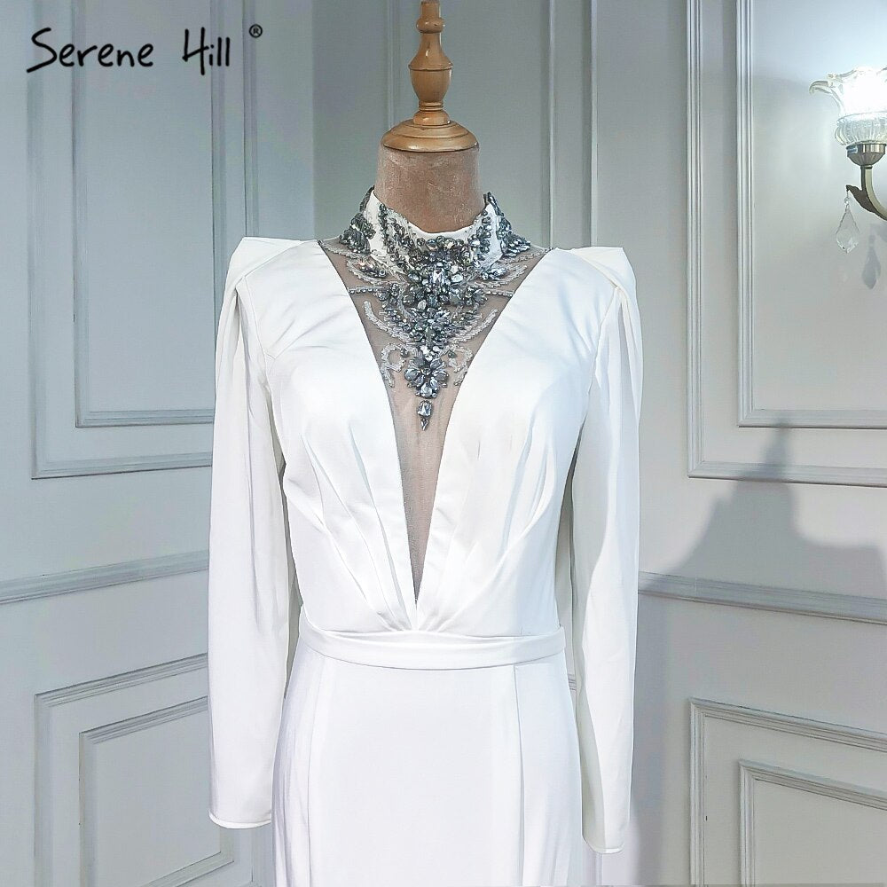 Vestidos de noche musulmanes de satén con corte sirena, elegantes vestidos blancos con cuentas para mujer, vestidos de fiesta LA6430 