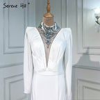 Vestidos de noche musulmanes de satén con corte sirena, elegantes vestidos blancos con cuentas para mujer, vestidos de fiesta LA6430 