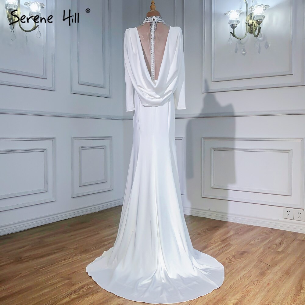 Vestidos de noche musulmanes de satén con corte sirena, elegantes vestidos blancos con cuentas para mujer, vestidos de fiesta LA6430 