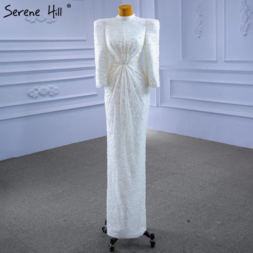 Muslimischen Meerjungfrau Weiß Abendkleider Kleider 2025 Luxus Elegante Perlen Für Frauen Party HM67335 