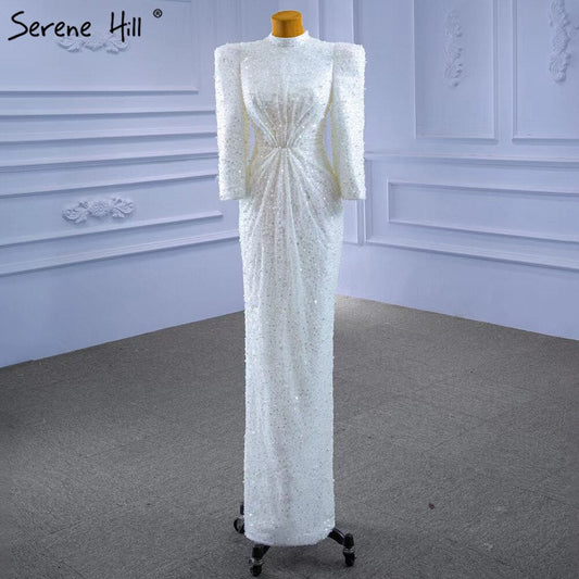Muslim Mermaid White Evening Dresses Gowns 2025 Luxury Elegant Beaded For Women Party HM67335