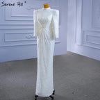 Muslimischen Meerjungfrau Weiß Abendkleider Kleider 2025 Luxus Elegante Perlen Für Frauen Party HM67335 