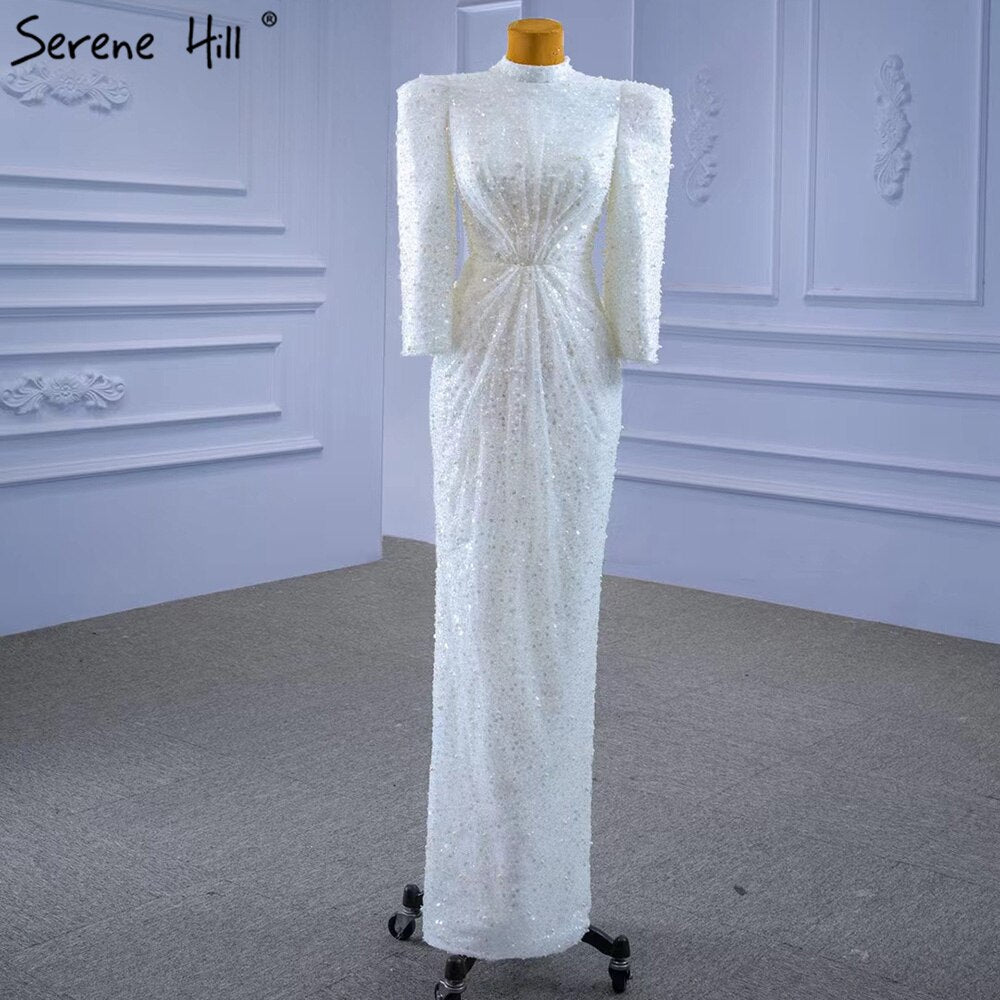 Muslimischen Meerjungfrau Weiß Abendkleider Kleider 2025 Luxus Elegante Perlen Für Frauen Party HM67335 