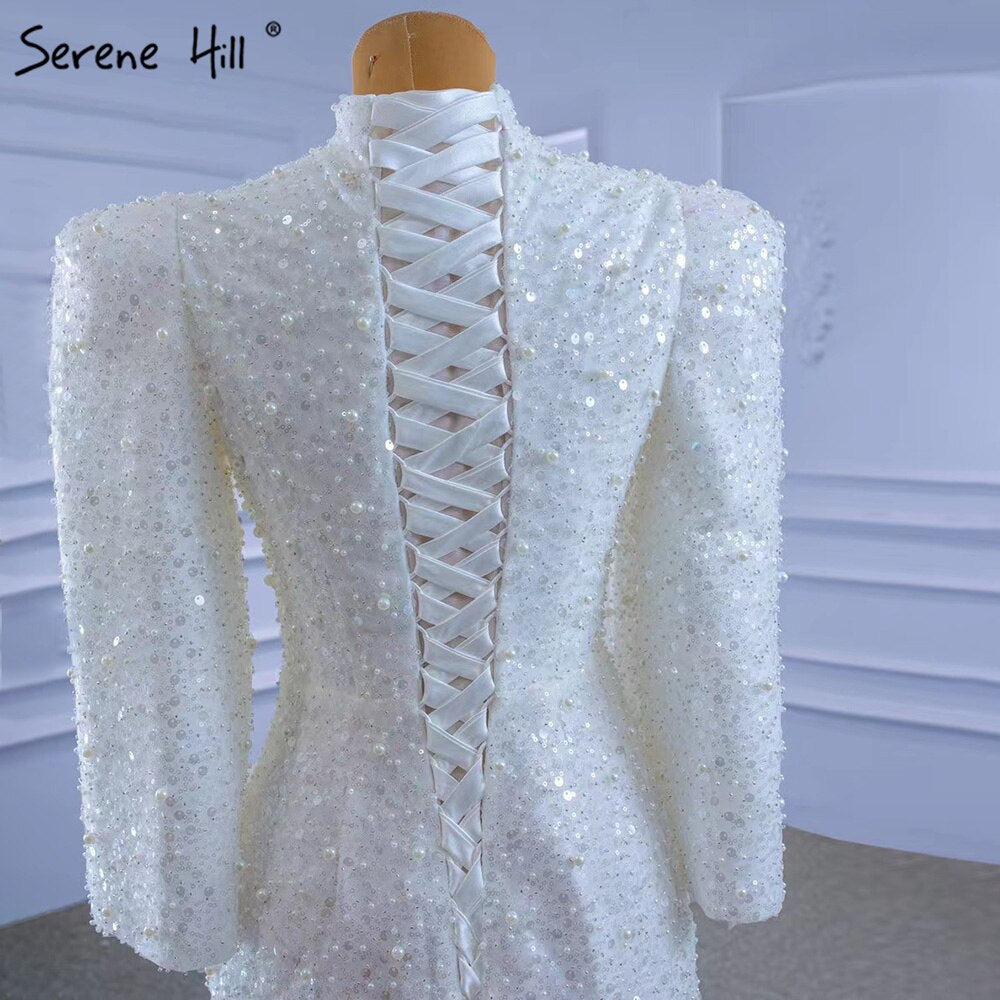 Muslimischen Meerjungfrau Weiß Abendkleider Kleider 2025 Luxus Elegante Perlen Für Frauen Party HM67335 