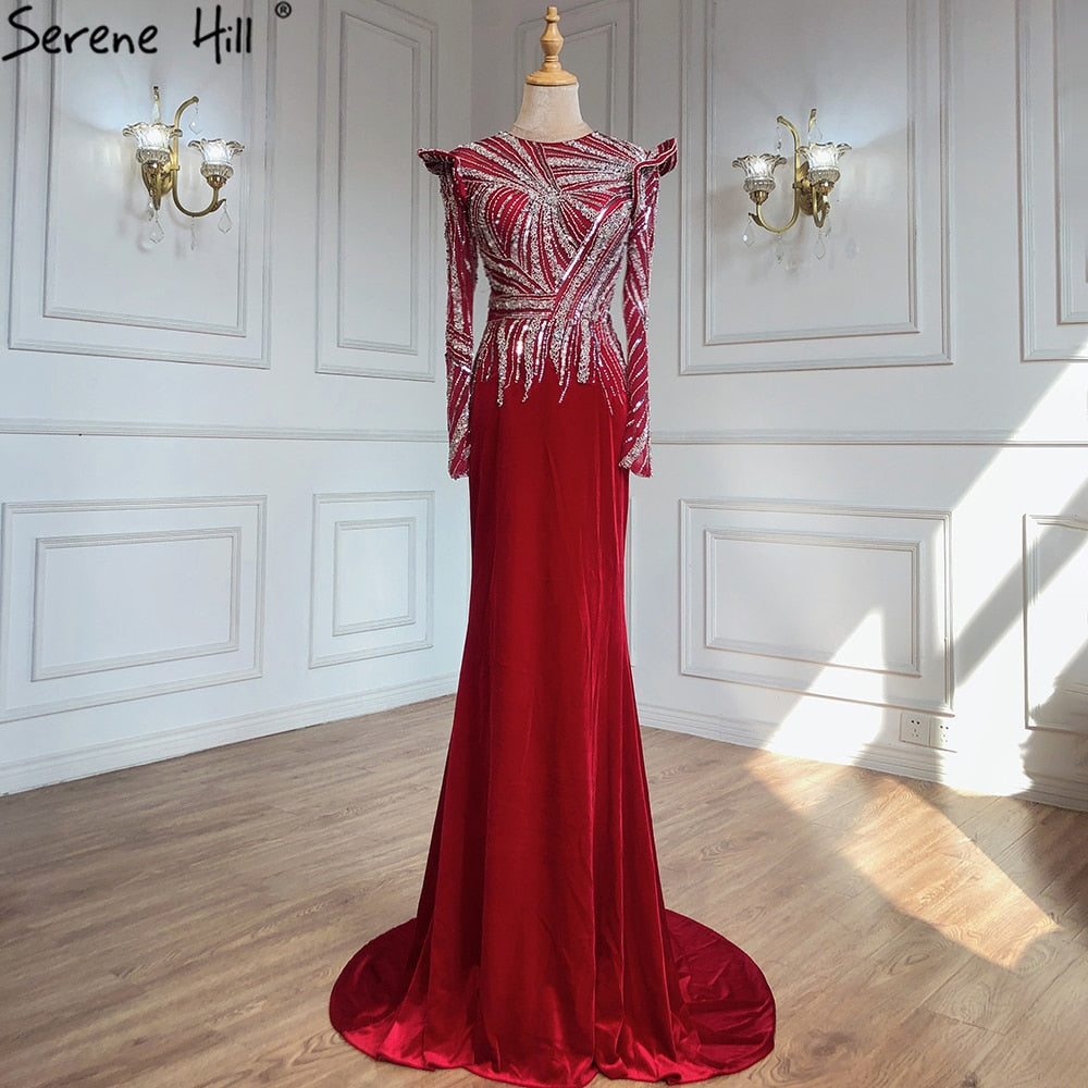 Vestidos de noche musulmanes de sirena color vino tinto, 2025, con cuentas, elegante satén para mujer, fiesta LA71449 