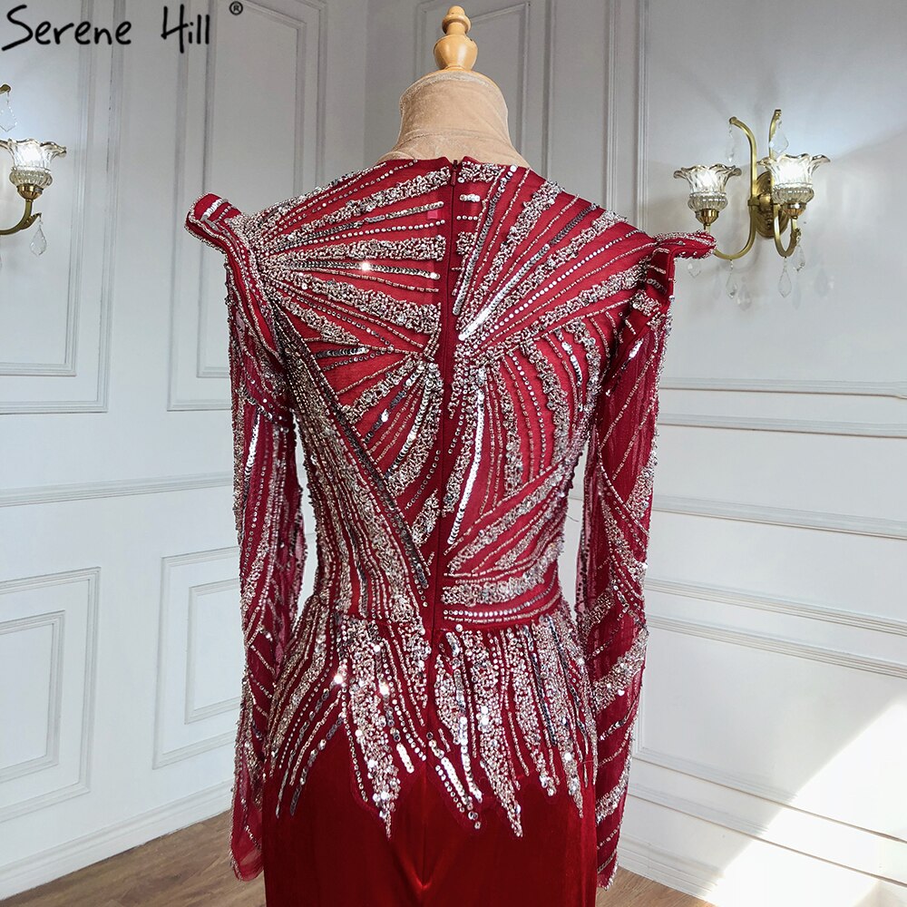 Vestidos de noche musulmanes de sirena color vino tinto, 2025, con cuentas, elegante satén para mujer, fiesta LA71449 