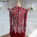 Vestidos de noche musulmanes de sirena color vino tinto, 2025, con cuentas, elegante satén para mujer, fiesta LA71449 