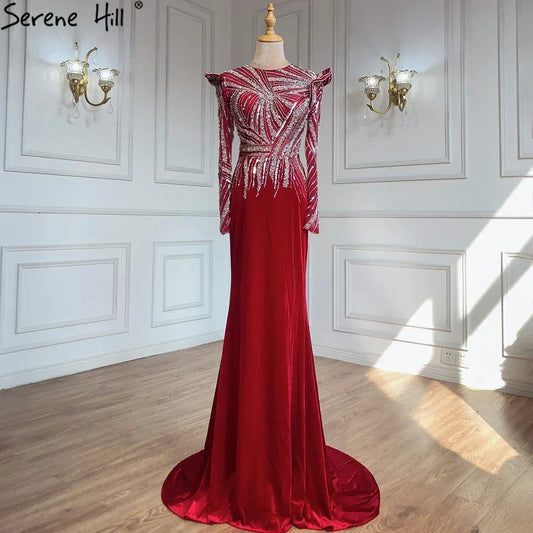 Muslim Mermaid Wine Red Evening Dresses Gowns 2025 Beaded  Elegant Velour For Women Party LA71449