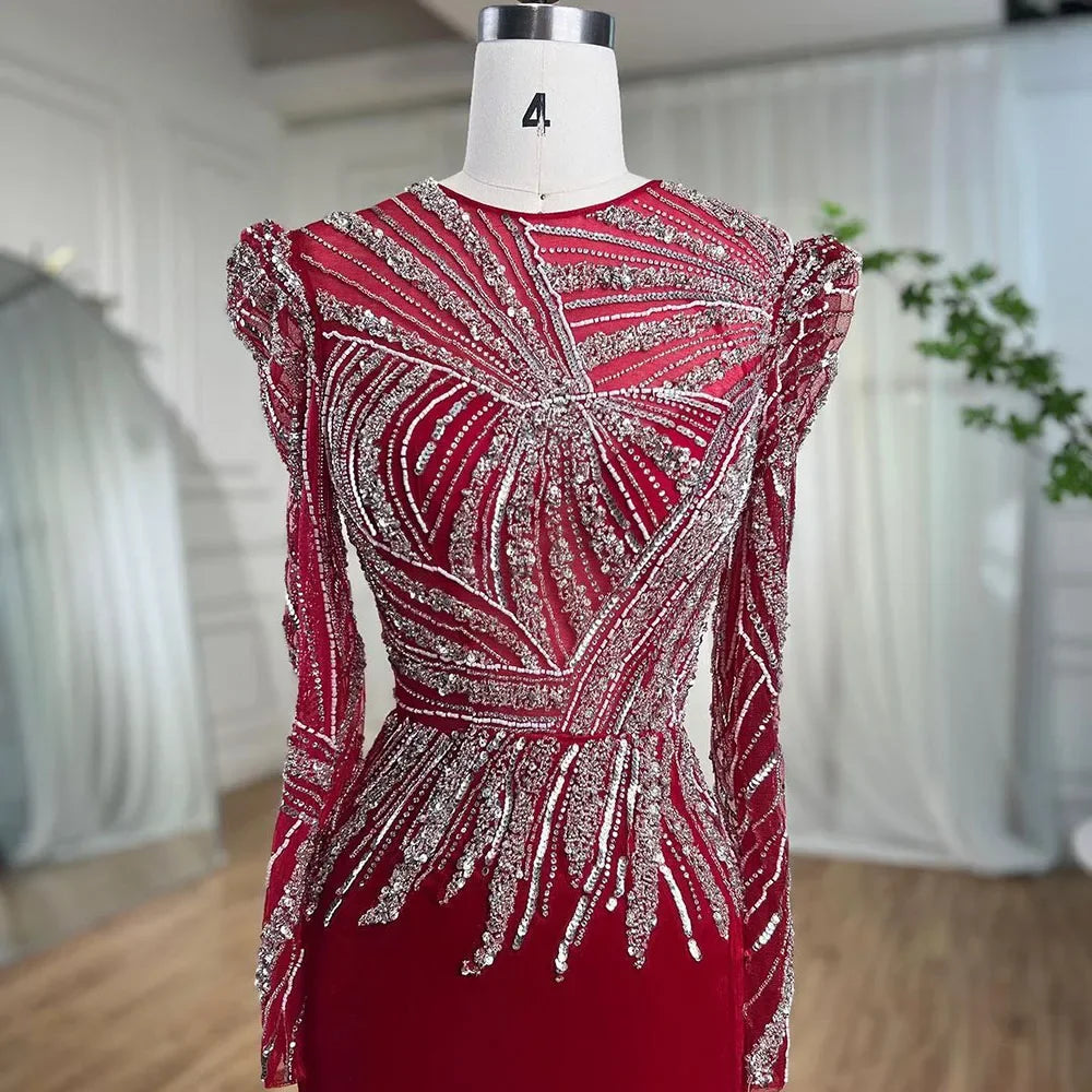 Muslimischen Meerjungfrau Wein Rot Abendkleider Kleider 2025 Perlen Elegante Velour Für Frauen Party LA71449 