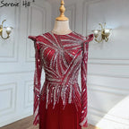 Muslimischen Meerjungfrau Wein Rot Abendkleider Kleider 2025 Perlen Elegante Velour Für Frauen Party LA71449 