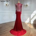 Muslimischen Meerjungfrau Wein Rot Abendkleider Kleider 2025 Perlen Elegante Velour Für Frauen Party LA71449 
