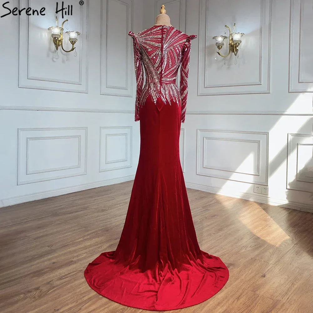 Muslimischen Meerjungfrau Wein Rot Abendkleider Kleider 2025 Perlen Elegante Velour Für Frauen Party LA71449 
