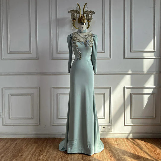 Muslim Mint Mermaid Beaded Satin Evening Dress Gown with Corset for Formal Occasion LA72797C  2025