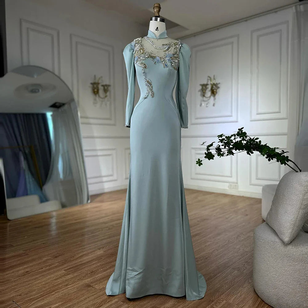 Muslimisches, mintgrünes Meerjungfrau-Abendkleid aus Satin mit Perlen und Korsett für formelle Anlässe LA72797C 2025
