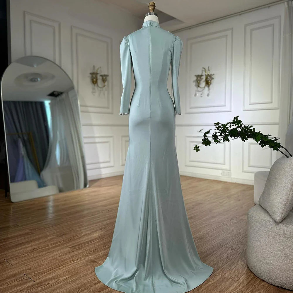Muslimisches, mintgrünes Meerjungfrau-Abendkleid aus Satin mit Perlen und Korsett für formelle Anlässe LA72797C 2025