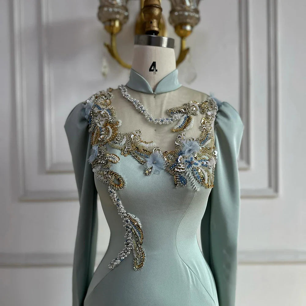 Muslimisches, mintgrünes Meerjungfrau-Abendkleid aus Satin mit Perlen und Korsett für formelle Anlässe LA72797C 2025