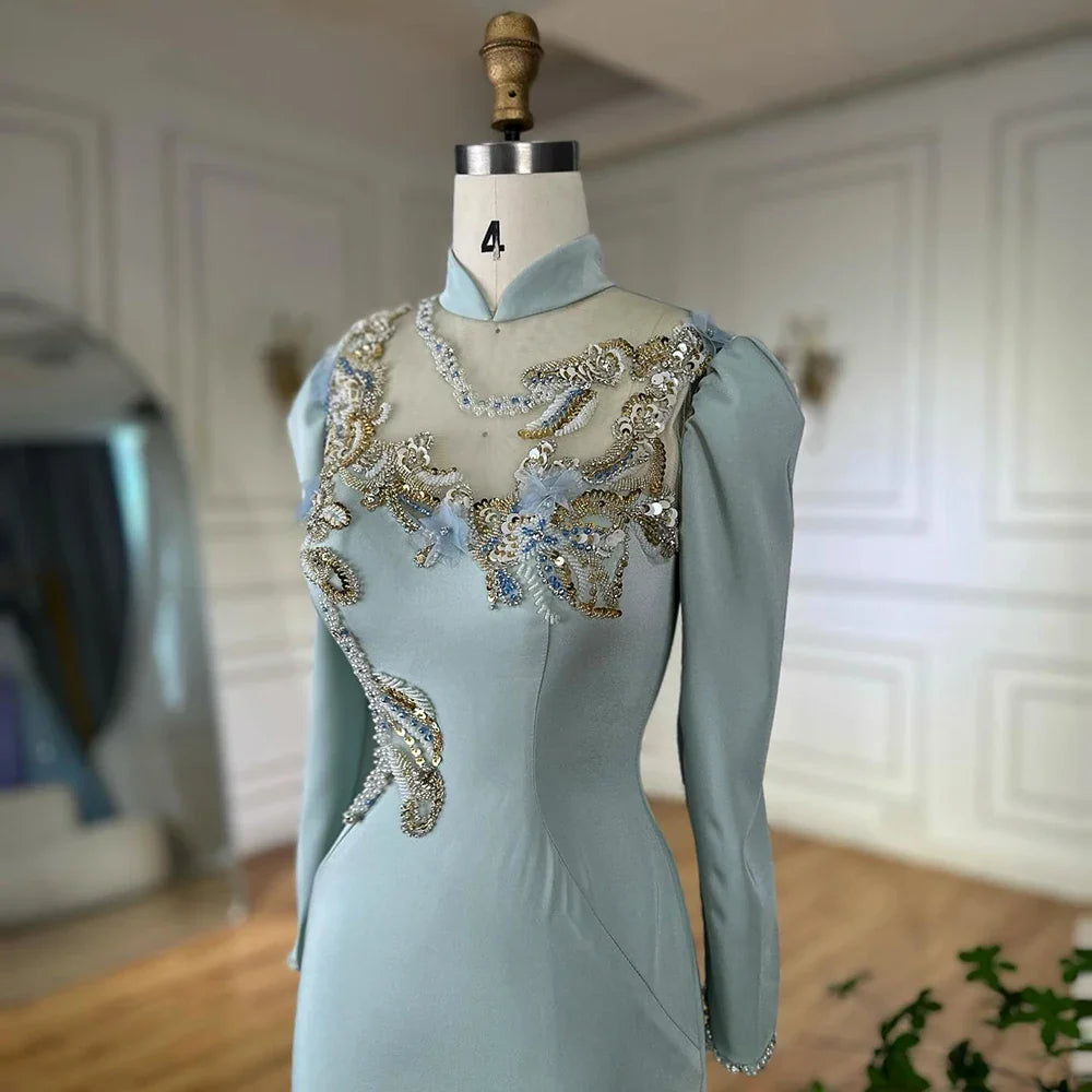 Muslimisches, mintgrünes Meerjungfrau-Abendkleid aus Satin mit Perlen und Korsett für formelle Anlässe LA72797C 2025