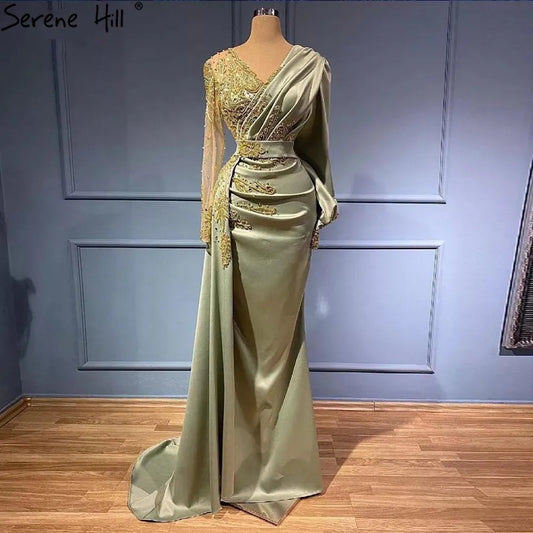 Muslim Mint Mermaid Elegant Beaded Satin Overskirt  Evening Dresses Gowns Plus Size 2025 For Women Party LA71278