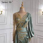 Vestido de noche musulmán de sirena color menta, elegante, con cuentas y sobrefalda de satén, talla grande 2025, para mujer, fiesta, LA71278