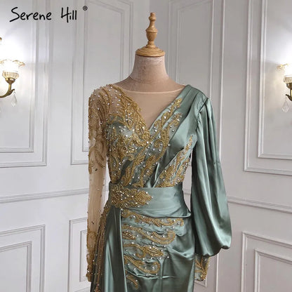 Muslim Mint Mermaid Elegant Beaded Satin Overskirt  Evening Dresses Gowns Plus Size 2025 For Women Party LA71278