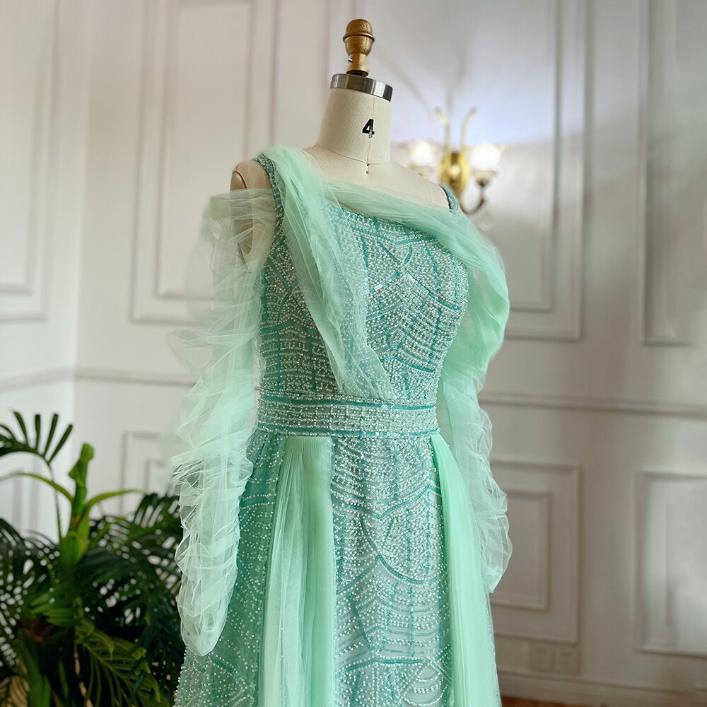 Muslim Mint Over Skirt A Line Beaded Luxury Dubai Long Evening Dresses Gowns 2025 For Women Wedding Party LA71924