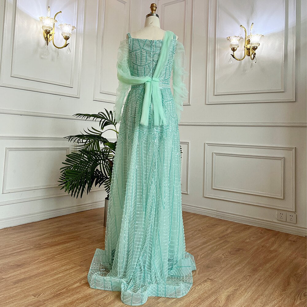 Muslim Mint Over Skirt A Line Beaded Luxury Dubai Long Evening Dresses Gowns 2025 For Women Wedding Party LA71924