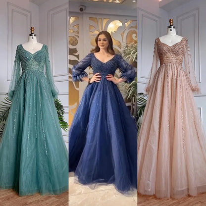 Muslim Navy Blue A-Line Beaded Luxury Arabic Evening Dresses Gowns 2025 For Women Wedding Party LA71867