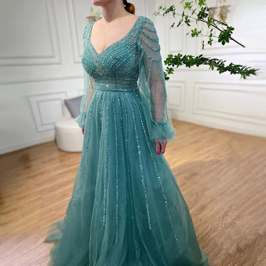 Muslim Navy Blue A-Line Beaded Luxury Arabic Evening Dresses Gowns 2025 For Women Wedding Party LA71867