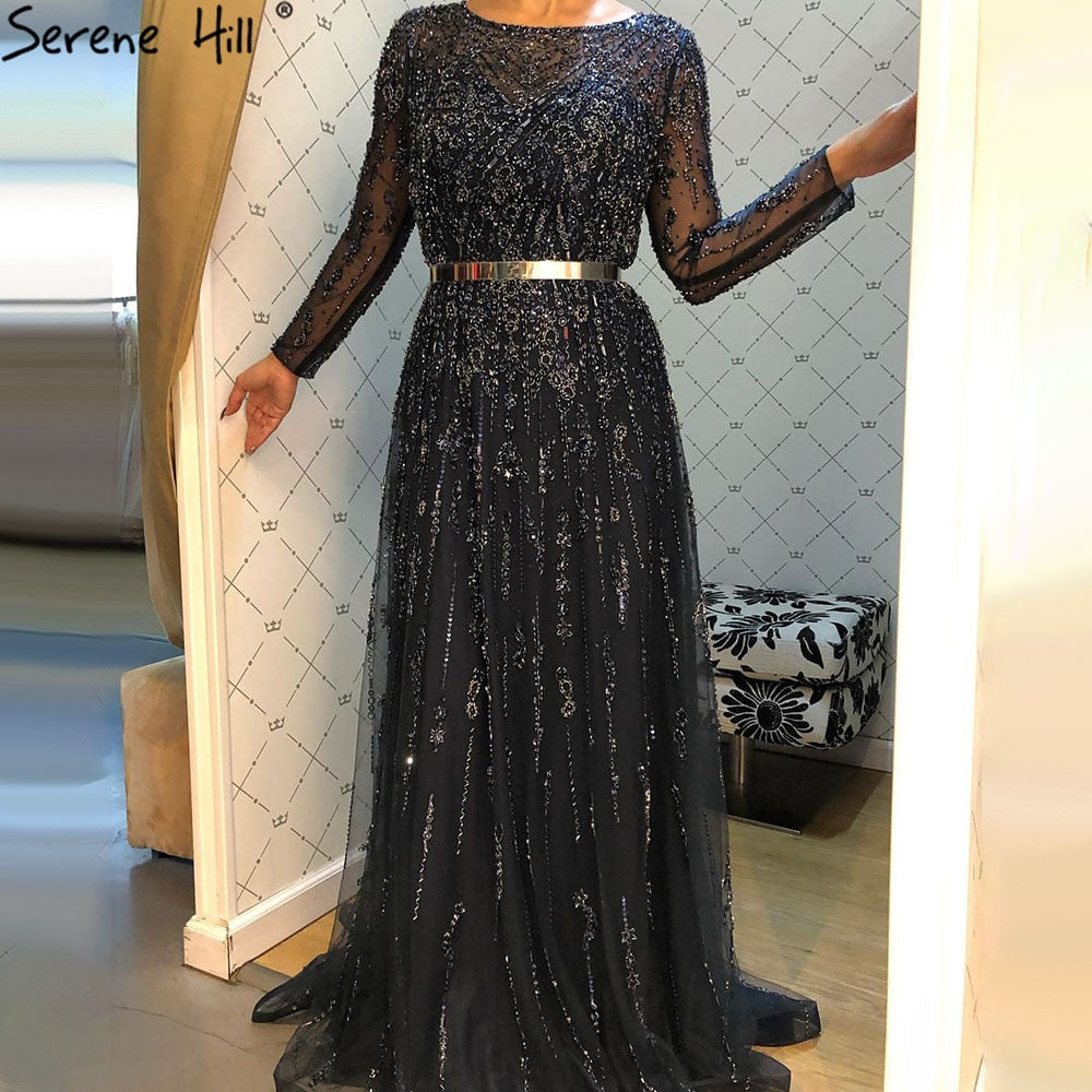 Vestidos de noche musulmanes azul marino de lujo, corte A, con cuentas y cristales, para mujer, fiesta, LA71145 