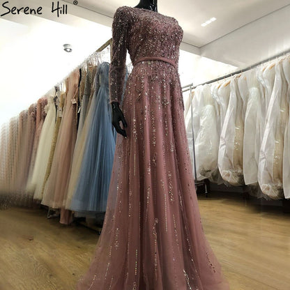 Muslim Navy Blue Luxury Evening Dresses Gowns 2025 A-Line Beaded Crystal For Women Party LA71145