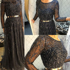 Vestidos de noche musulmanes azul marino de lujo, corte A, con cuentas y cristales, para mujer, fiesta, LA71145 