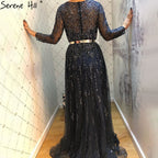 Vestidos de noche musulmanes azul marino de lujo, corte A, con cuentas y cristales, para mujer, fiesta, LA71145 