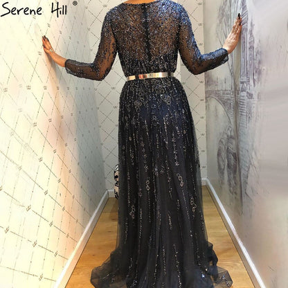 Muslim Navy Blue Luxury Evening Dresses Gowns 2025 A-Line Beaded Crystal For Women Party LA71145