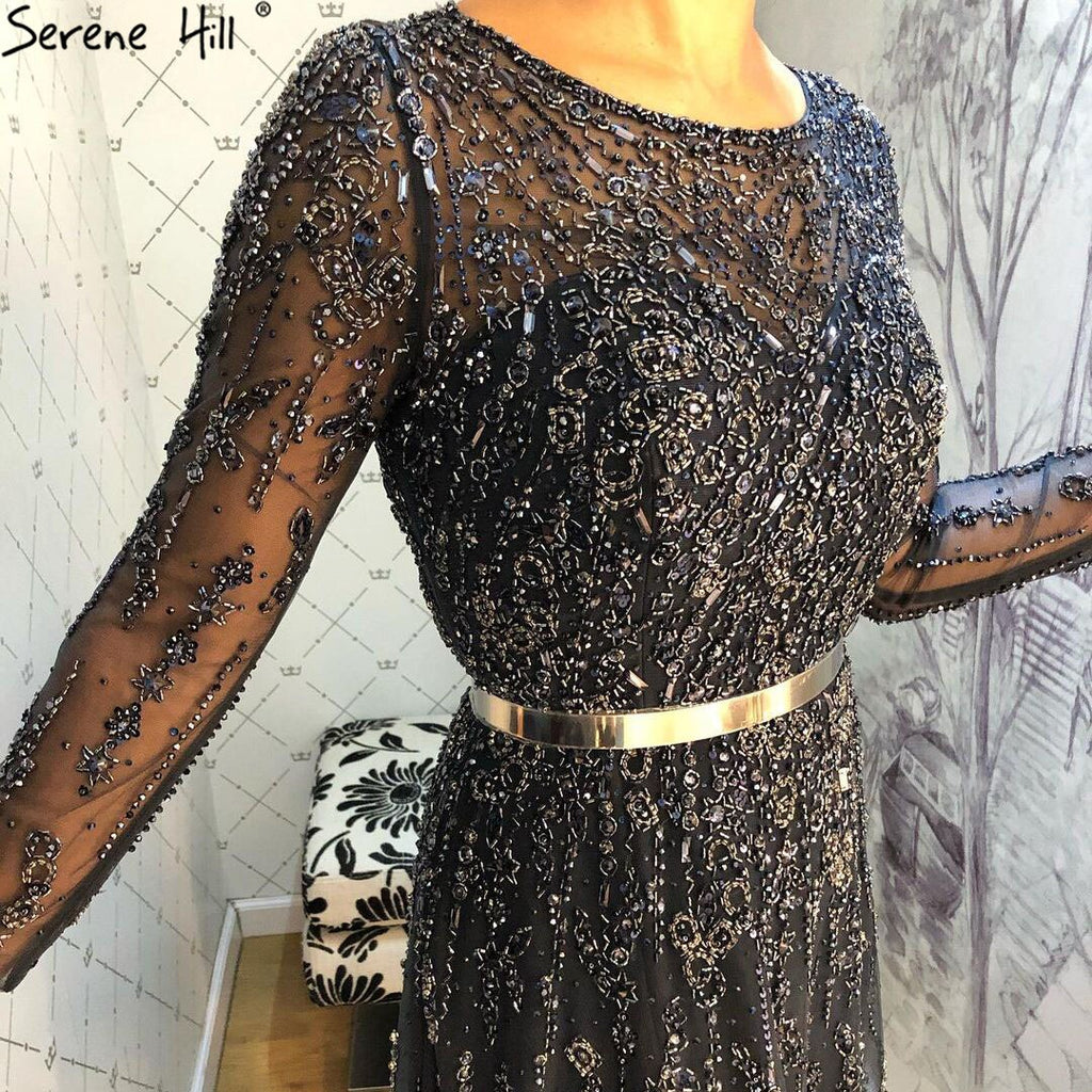 Vestidos de noche musulmanes azul marino de lujo, corte A, con cuentas y cristales, para mujer, fiesta, LA71145 