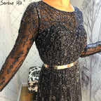 Vestidos de noche musulmanes azul marino de lujo, corte A, con cuentas y cristales, para mujer, fiesta, LA71145 
