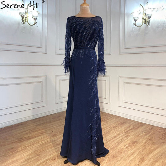 Muslim Navy Blue Meramaid Evening Dresses Gowns 2025 Luxury Elegant Beaded Feather For Women Party LA70978A